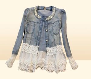 Elegant Lace Denim Veste de veste Femmes décontractées courte basique Jacket Per perle Patchwork Slim Jean Vestes Plus taille 4xl X07261050870