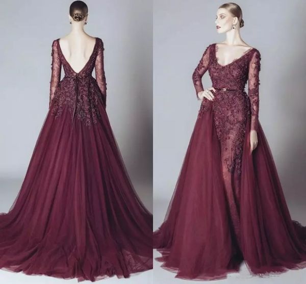 Elegante encaje formal Borgoña Celebridad Vestidos de baile Sin espalda Cuello en V Mangas largas 2018 Vestido de noche Elie Saab Vestidos de fiesta árabes