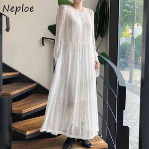 Élégante dentelle crochet fleur solide robe femmes taille haute hanche une ligne robes o cou pull à manches longues robe printemps 210422