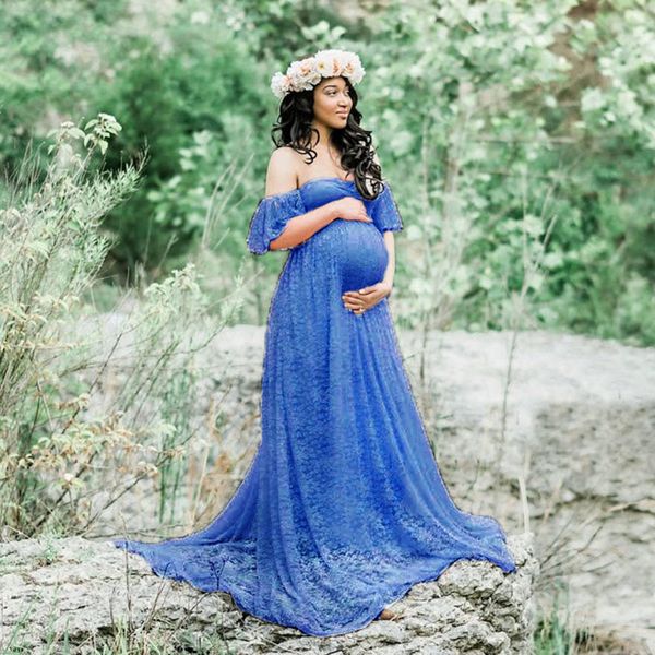 Elegante encaje maternidad fotografía largo Maxi vestidos mujeres embarazadas ropa volante embarazo vestido para sesión de fotos