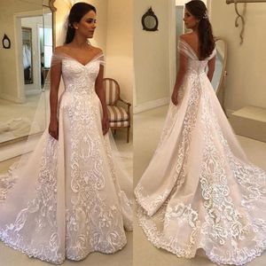 Elegante Kant Zeemeermin Off Schouder Trouwjurken Bruidsjurken Backless Applicaties Op maat gemaakte Sweep Trein Bruidsjurk Vestidos De Novia