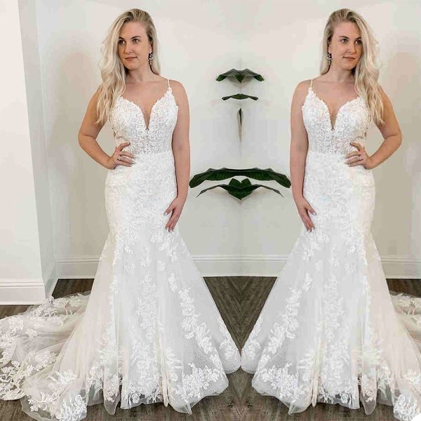 Vestido de novia de sirena de encaje elegante, vestidos de novia con apliques de cuello espagueti, vestidos de novia de talla grande