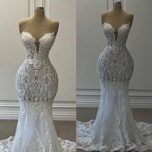 Elegante kanten zeemeermin trouwjurk lieverd fulllace trouwjurken bruidsjurken backless sweep train lacefull designer robe de mariage