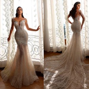 Robes de mariée sirène en dentelle élégante Illusion paillettes dentelle balayage étage robes de mariée sur mesure grande taille robe de mariée