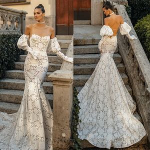 Elegante Kant Zeemeermin Trouwjurken Nieuwe Illusie Lijfje Applique Sweetheart Bruidsjurken Juliet Sweep Trein Gewaad Vestido De Noiva Aangepaste Grootte H24083