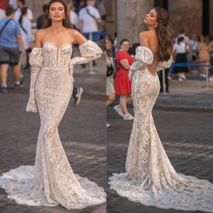 Vestidos de novia de sirena de encaje Berta, mangas de novia, vestido de novia de lujo, tren de barrido, vestidos de novia de boda sin espalda