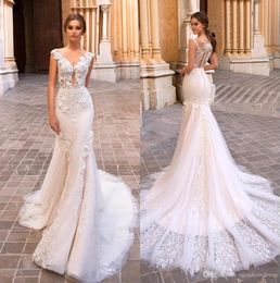 Elegante kant zeemeermin trouwjurken tule applique sheer cap sleeve sweep trein trouwjurk bruidsjurken gewaden de Mariée met knoppen