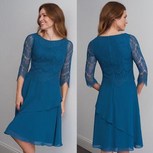 Elegante kanten moeder van de bruid jurken batau nek half mouwen een lijn avondjurken knie lengte chiffon plus size bruiloft gast jurk 415