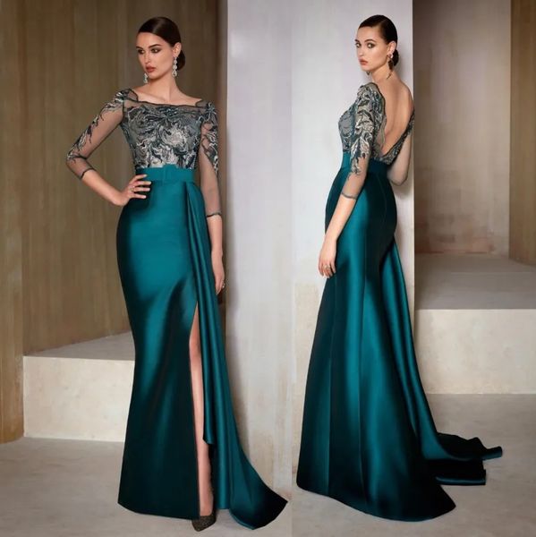 Vestidos elegantes de encaje para madre de la novia, vestido de invitados de boda sin espalda de sirena, vestidos de noche de satén con cuello de barco transparente con abertura lateral