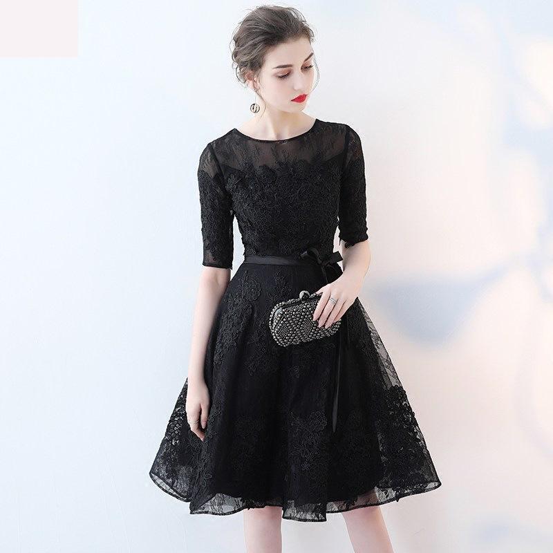 Elegant Lace Party Dresses Cocktail Dress Scoop Half Sleeves Knee Length Lace with Applique Sexy Black Cocktail Gowns Cheap