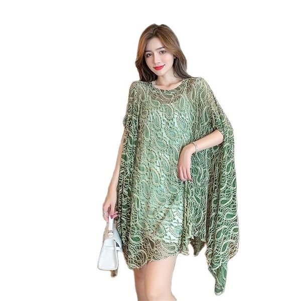 Élégante dentelle col rond chemisier lâche couverture all-match cape été mode coréenne vêtements pour femmes 210520