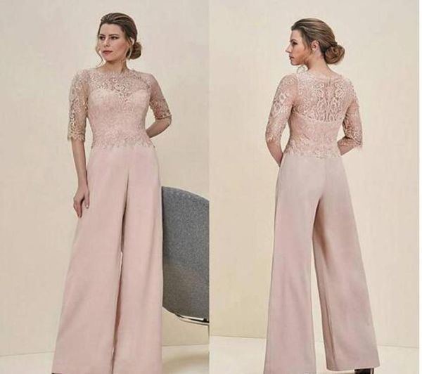 Elegante encaje Dos piezas Madre de los pantalones de la novia Traje de cuello transparente Mangas de ilusión Hollow Back Back Sompuit Nights Bowns más SI5844281