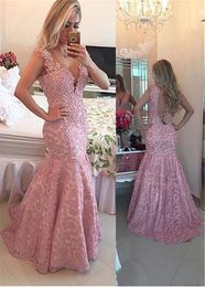 Elegante kant V-hals Mermaid Avondjurken met Beaded Lace Applicaties Cap Sleeves Lange Roze Prom Jurk Vestidos Cortos de Fiesta 2019