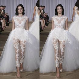 Elegante kanten trouwjurken jumpsuits juweel hals kant bruidsjurken met overskirt goedkoop een lijn trouwjurk 2020