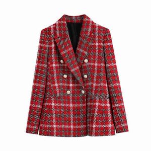 Elegante dames rode plaid lange mouwen dubbele breasted temperament blazer stijl met zakken en gekerfde kraag 210521