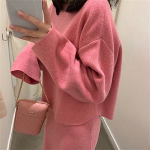 Elegant Ladies Solid Cashmere Sweater Skirt 2 Piece Set Women Fashion O Neck Long Sleeve Knitted Pullovers Suits Winter LJ201118