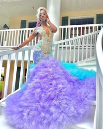 Elegant Lake Blue en Purple Prom Dresses 2023 Veren Tule Ruched Crystal Beading Mermaid Formele Eevning OCN -jurken voor Black Girl 0516