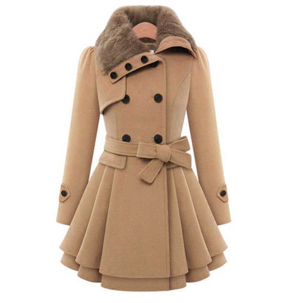 Élégant revers bouton hiver chaud manteaux de fourrure femmes mince manteau de laine à double boutonnage mode Trench à lacets à volants vestes 210930