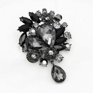 Broche grande elegante, moda Vintage, colgante de gota de agua de cristal grande negro y gris, broche para mujer, broches para ropa de mujer, broches