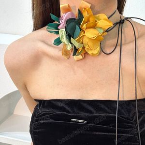Gargantilla de flores de tela grande elegante para mujer, Collar de cadena de cuerda con cordones largos para boda, accesorios, joyería en el cuello