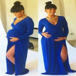 Elegantes últimos vestidos de maternidad sexy con abertura lateral con cuello en V azul real Baby Shower manga larga vestido de embarazada noche embarazada Gow308b
