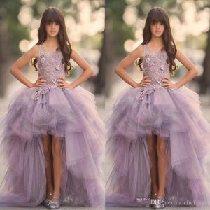 Elegante lavendel hoge lage meisjes Pageant jurken kant applique bloem meisje jurken voor bruiloft tiered rok tule puffy kids feestjurk