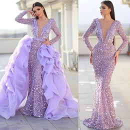 Elegant Lavender Mermaid Evening Dresses With Deep Neck Long Sleeves Sequins Race Custom Made Floor Length Prom Dress Robe De Marie