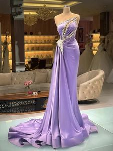 Elegante lavendel satijnen zeemeermin avondjurken Sparkly Sier pailletten plooien formele prom party Ocn jassen