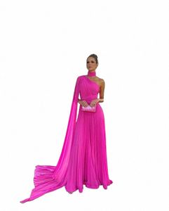 Elegante LG Chiff Hot Pink Vestidos de noche con capa A-Line Halter Plisado Longitud del piso Prom Fiesta formal Dr para mujeres U0md #
