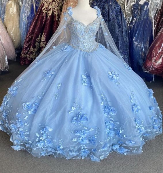 Élégant bleu clair 3d fleurs de floral robe de boule quinceanera robes de bal 2022 V cou avec cape châle perlé corset long vestidos 158306209