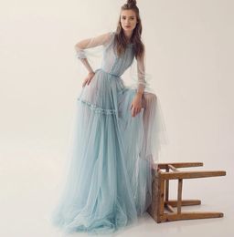 Robe de soirée élégante bleu clair, manches longues bouffantes, plis, col rond, tulle, robes de bal formelles, robes de fête, 2024