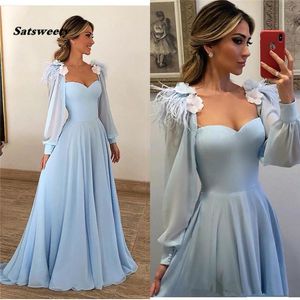 Élégant bleu clair plume robe de soirée une ligne manches longues grande taille étage longueur robe de soirée robe de soirée abendkleide