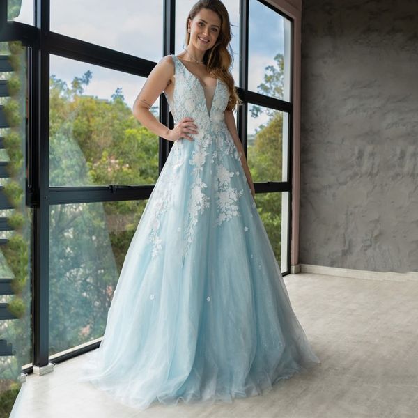 Robes de bal bleu clair élégantes robes de soirée en dentelle Appliques col en V robe de soirée sur mesure