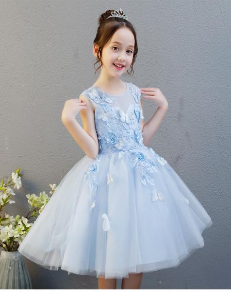 Elegante vestido de niña de flores de tul azul claro, vestido de fiesta para niños, vestido de novia de princesa, vestidos de primera comunión sin mangas 114T6264413