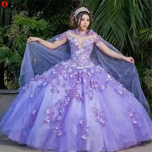 Robes de Quinceanera lavande violet clair élégantes avec cape dentelle appliquée corset perlé robe de 15 ans jupe bouffante douce 16 D316t