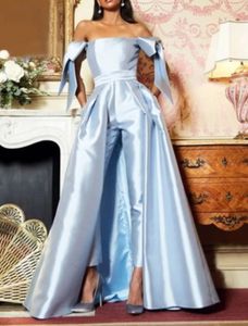 Élégant bleu ciel clair robes de soirée arc hors épaule femmes combinaisons avec jupe détachable simple fête robes de bal 2022 occasion spéciale porter