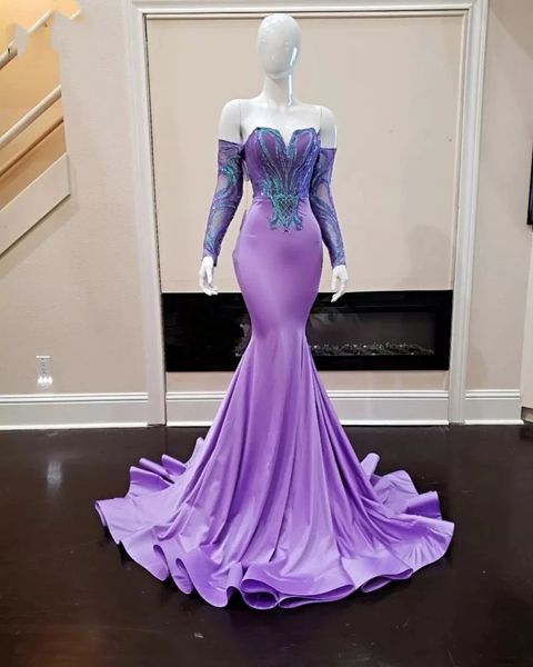 Élégant lilas lilas sirène robe de soirée paillettes Applique robes simples 2023 robes de bal manches longues