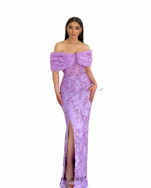 Elegante lila fuera del hombro LG Corset Evening Dres Formal Ocns Perlas con cuentas con lentejuelas vestidos de fiesta de boda para mujeres L0jq #