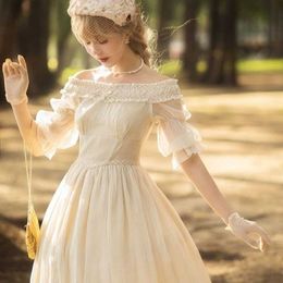 Elegante Lolita Dres Frans Slash Hals Reflecterende Fee Simple Royal Ball Wedding Banket Kleding Herfst 210604