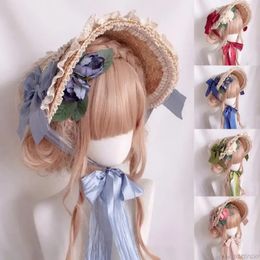Elegante Lolita Franse hoed Bonnet Lace Bloem Lint Flat Top Zonnebrandcrème Accessoires Verjaardag JY21 22 Dropship 240309