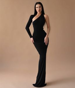 Elegante lange zwarte crêpe avondjurken zeemeermin een schouder ritssluiting achterste vloer lengte prom jurken gewaad de soiree formele feestjurk voor vrouwen