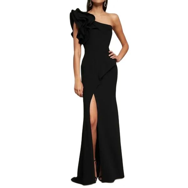 Elegantes vestidos de noche de crepé negro elegante con volantes Mermaid un hombro tren trenes plisado con cremallera de vestidos de fiesta de fiesta longitud de fiesta para mujeres