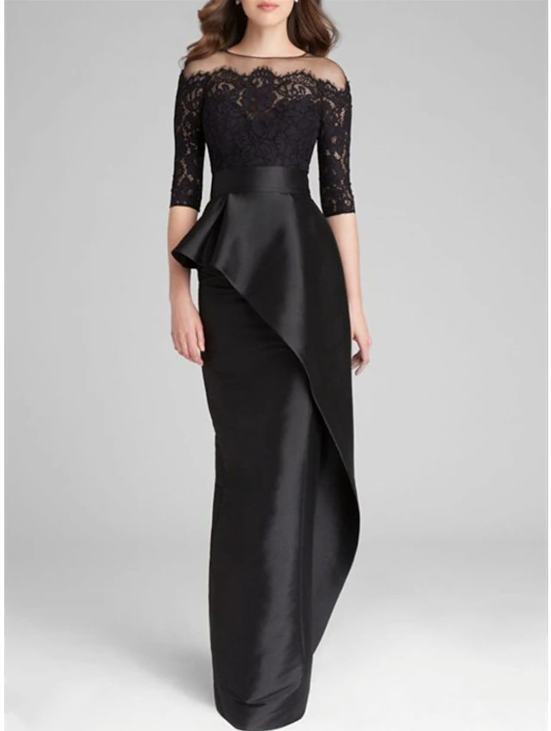 Elegante lange schwarze Spitze-Mutter der Braut-Kleider mit Schößchen-Satin-Kleider für die Patin, formelles Partykleid mit Falten La madre del vestido de novia Damenkleider