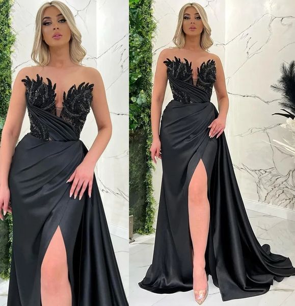 Vestidos de noche árabes elegantes, largos, negros, de talla grande, con escote en V profundo, encaje con cuentas y abertura, vestidos de fiesta de tren de barrido de sirena para mujer