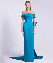 Elegante lange blauwe satijnen avondjurken met boog zeemeermin uit schouder geplooide sweep trein ritssluiting back prom jurken voor vrouwen