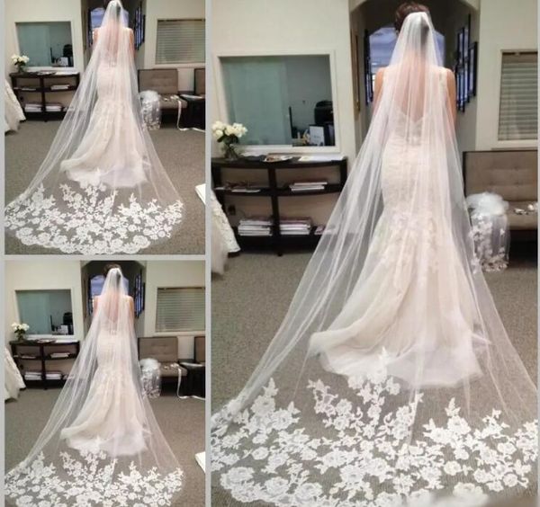 Élégant Longue Chapelle Longueur Voile De Mariée Appliques Veu De Noiva Longo Voile De Mariage Dentelle Purfle avec Peigne livraison gratuite voile de mariée