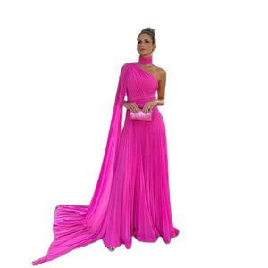 Elegante gasa de noche de color rosa fuerte elegante con Cape A-Line Un hombro Halter Plisado Longitud de la fiesta de fiesta de fiesta formal para mujeres