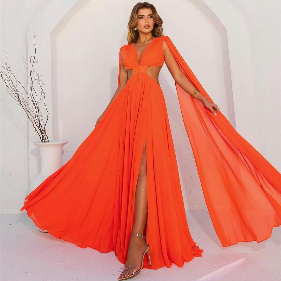 Elegante lange chiffon oranje galajurken met cape A-lijn V-hals tot de grond Plooien Formele feestavondjurk Robes de Soiree voor dames