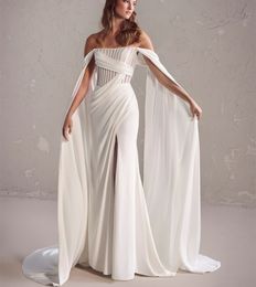 Elegantes vestidos de novia de jardín de crepé elegantes con botones de barbilla de marfil desmontables Cape Mermaid Carretones de barrido de espalda Vestidos de novia para mujeres