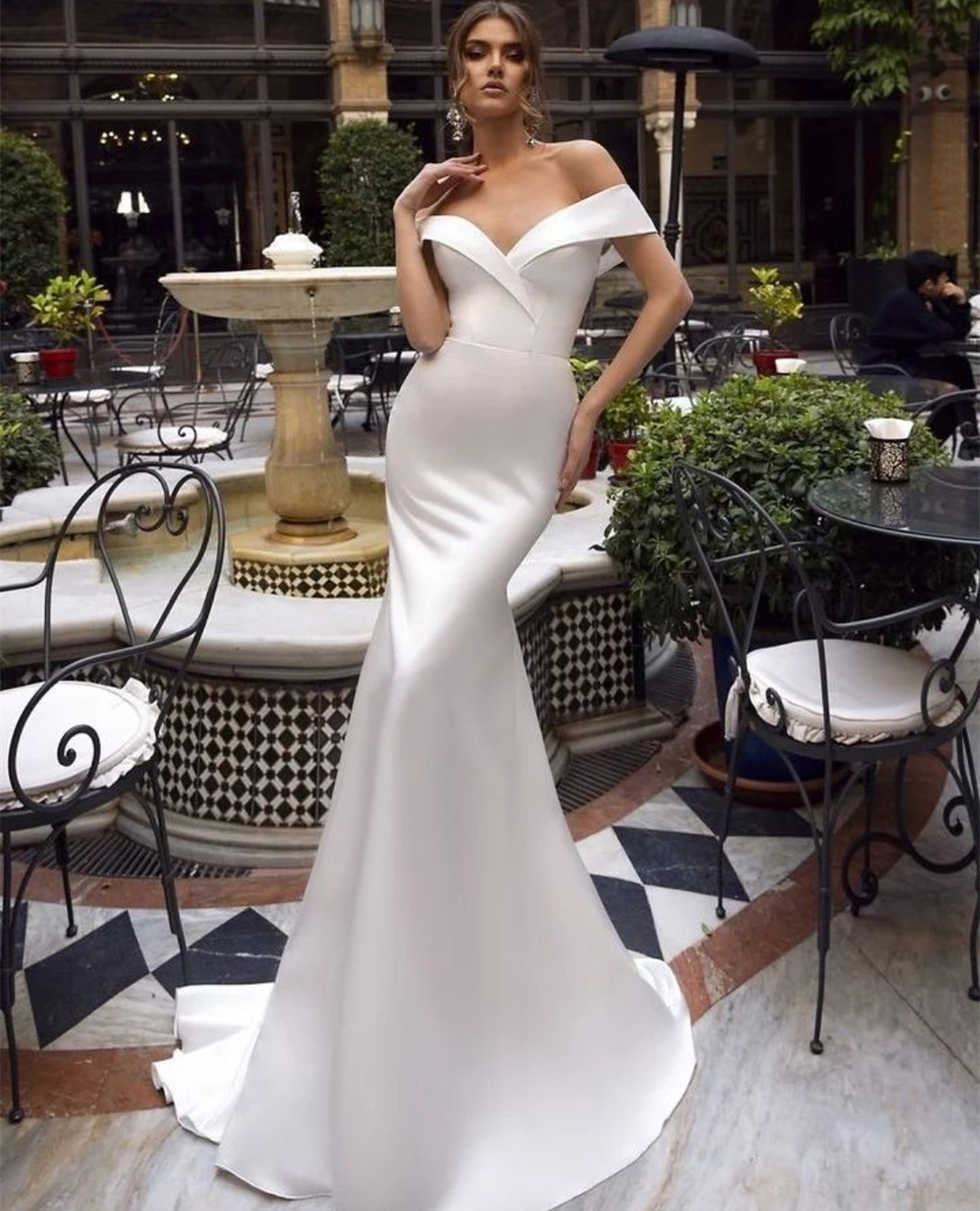 Elegante lange crêpe uit schouder trouwjurken zeemeermin witte rits terug sweep trein vestidos de novia abendkleider bruidsjurken voor vrouwen